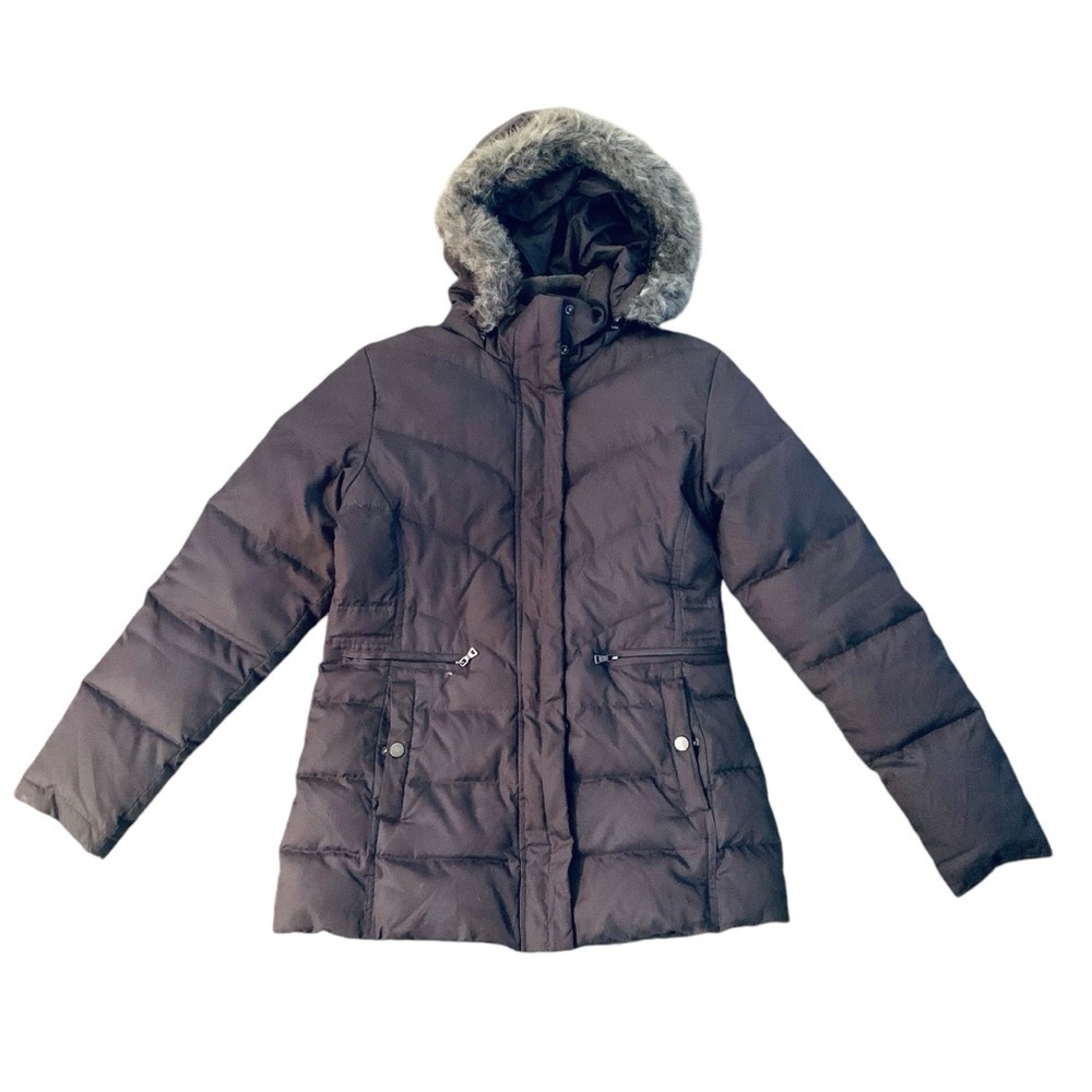 Larry Levine S down filled removable faux fur hood dark grey black puffer jacket